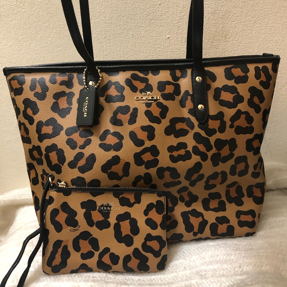 Coach leopard tote and wristlet